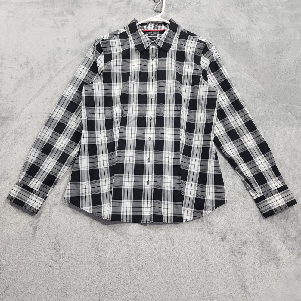 NEW Talbots Top Women 8 Black White Plaid Non Iron Perfect‎ Shirt Long Sleeve